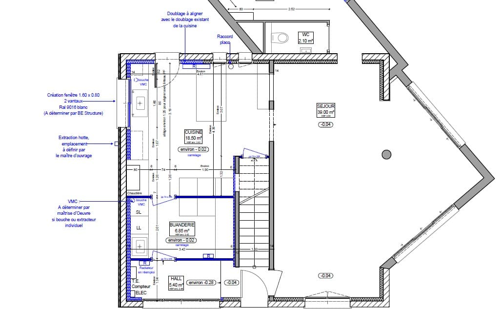 Plan d'aménagement d'un garage en cuisine et buanderie